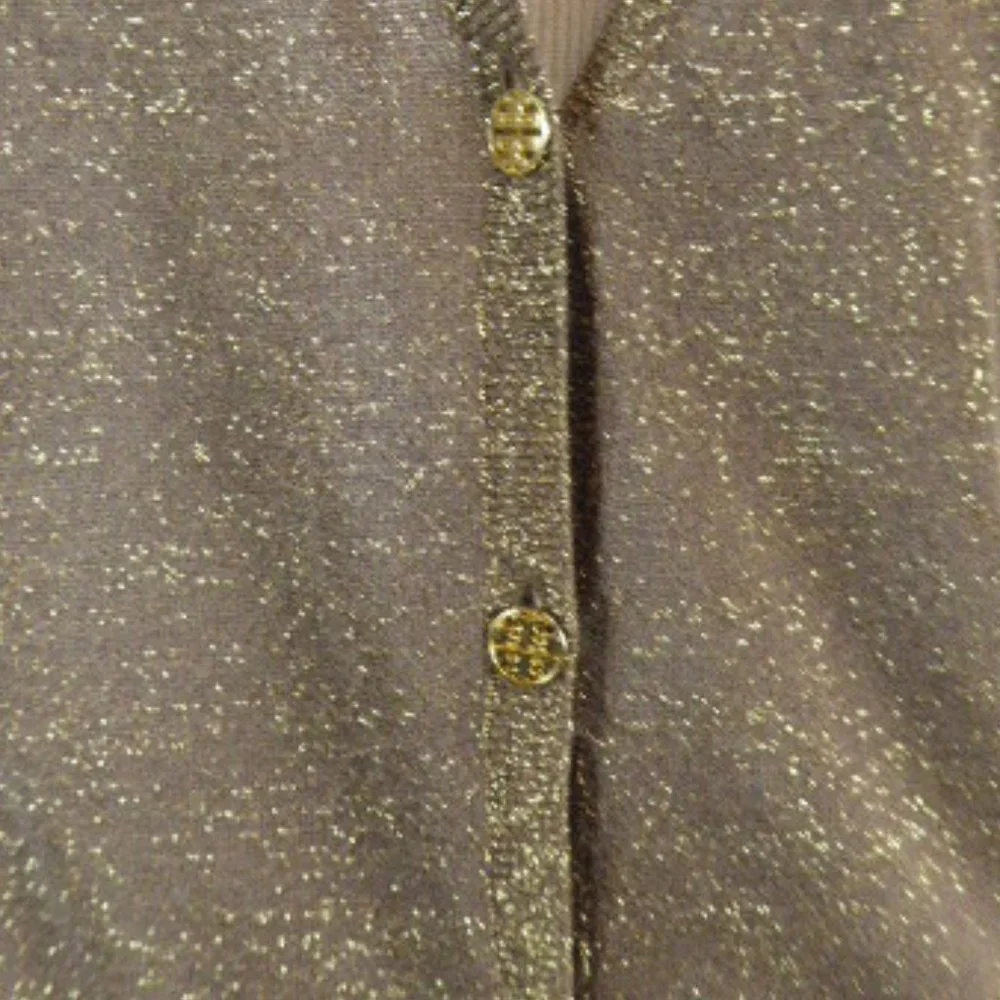 Tory Burch Brown gold sparkle logo cotton v cardigan M
